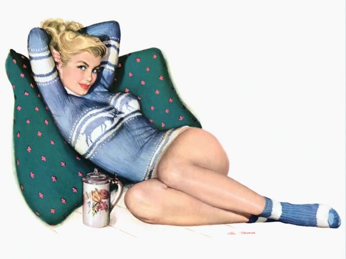 Pin Up - Blonde wearing light blue and white sweater with socks while laying on pink dotted pillow - Al Moore