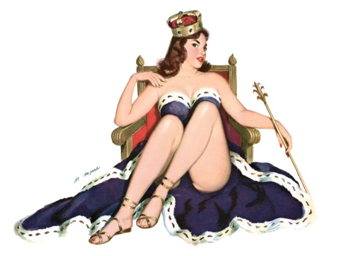 Pin Up - Sexy Queen sitting on throne wearing royal purple dress and crown - Al Moore