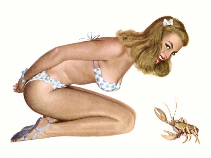 Pin Up - Cute blonde in white bikini with blue poke a dots playing with a crab - Al Moore