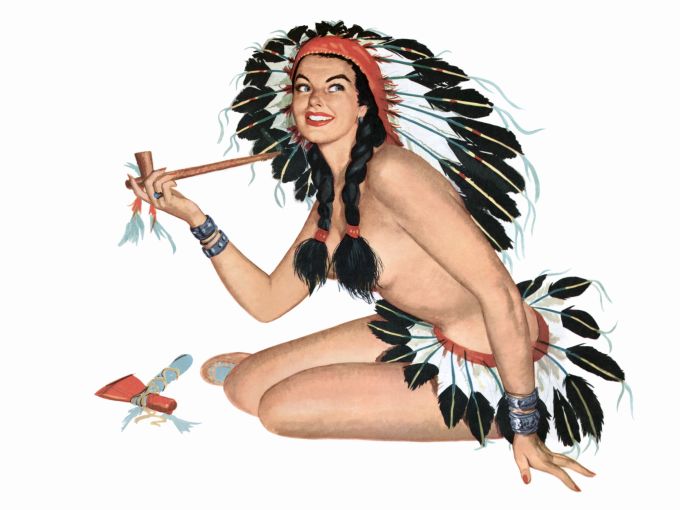 Pin Up - Naked woman in indian chief outfit smoking a pipe - Al Moore
