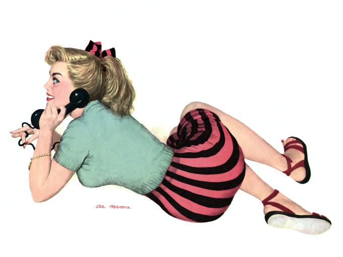 Pin Up - Cute blonde on the phone wearing a green top and pink and black stripped skirt - Al Moore