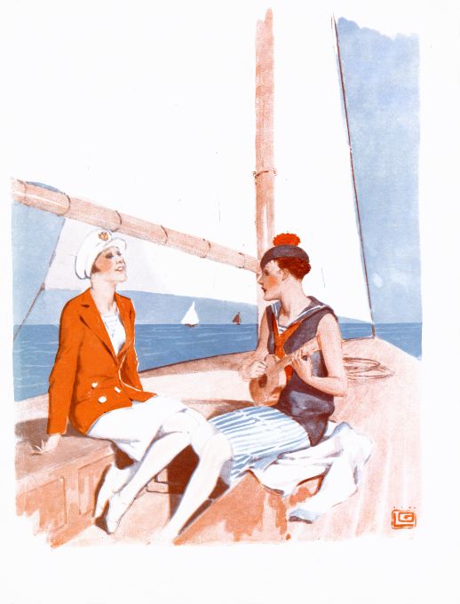 Pin Up - Girl Plays Uke For Girl On Sailboat - Leonnec - 1929