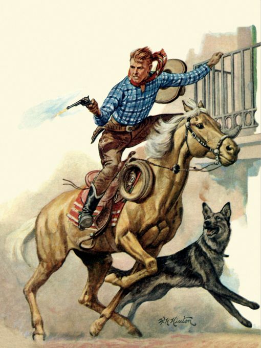 Cowboy shooting off his horse and with german shepherd