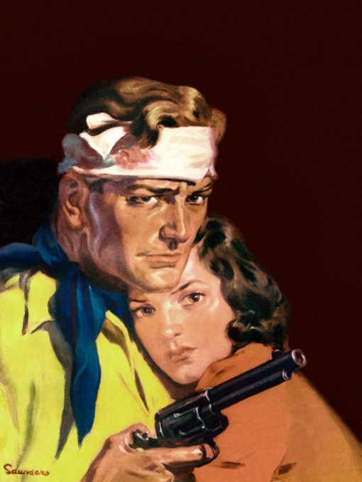 Cowboy with head wound holding on to woman and revolver