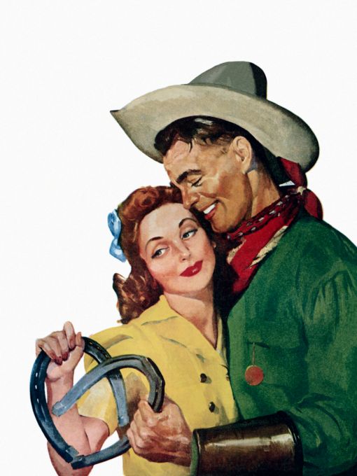 Happy couple making heart with horseshoes