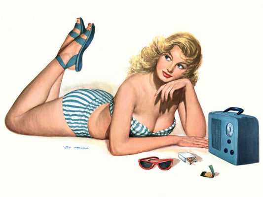 Pin Up - Blonde in Blue and white striped bikini listing to radio - Al Moore