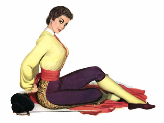 Pin Up - Woman in bull fighter in yellow and purple attire laying on red flag with her sword - Al Moore