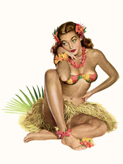 Pin Up - Brunette sitting down in hawaiian hula girl outfit - Al Moore