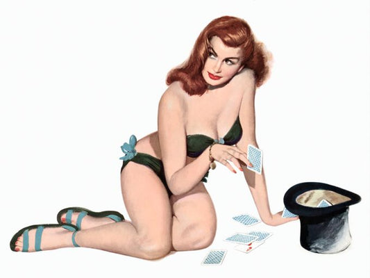 Pin Up - Sexy redhead in green undergarments throwing cards into magician hat - Al Moore