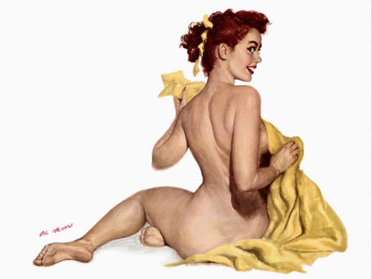 Pin Up - Naked redhead using yellow blanket to cover herself - Al Moore
