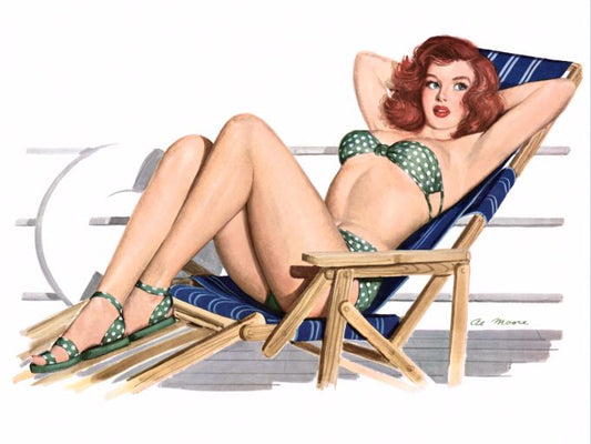 Pin Up - Redhead lounging in beach chair wearing a green bikini with white poke a dots - Al Moore