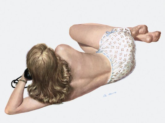 Pin Up - Blonde laying down while taking on the phone wearing white bloomers - Al Moore