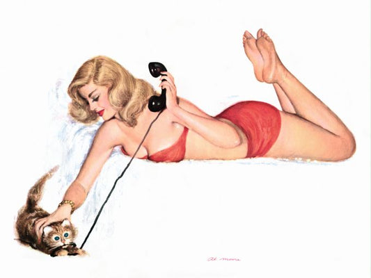 Pin Up - Beautiful blonde wearing red undergarments while palying with troublesome kitten chewing on phone line - Al Moore