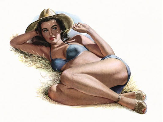 Pin Up - Beautiful woman wearing light blue undergarments and strawhat laying in hay - Al Moore