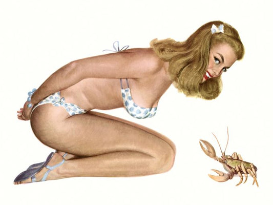Pin Up - Cute blonde in white bikini with blue poke a dots playing with a crab  - Al Moore