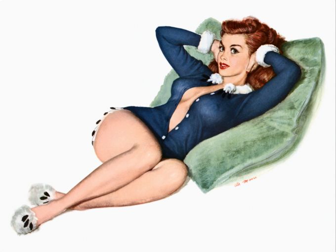 Pin Up - Beautiful redhead laying down in blue sleepwaer  - Al Moore