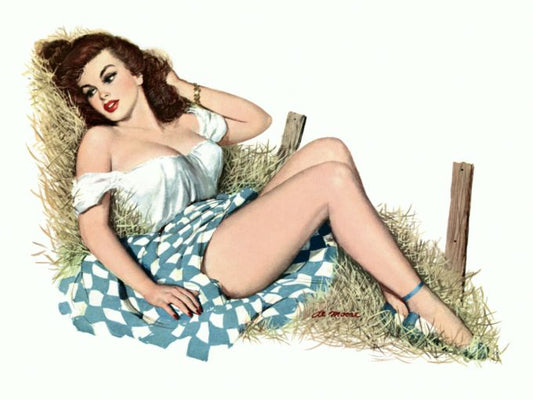 Pin Up - Woman in white and blue dress posing in pile of hay - Al Moore