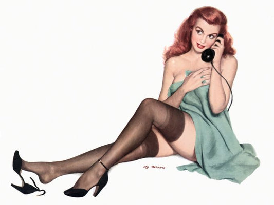 Pin Up - Sexy redhead on the phone while wearing stocking and using a green sheet to cover up - Al Moore