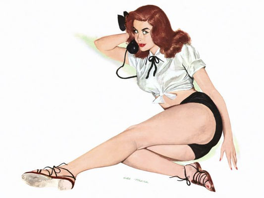 Pin Up - Redhead posing in white top and black bottoms while on the phone - Al Moore