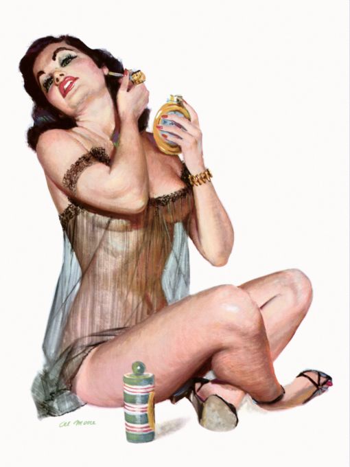 Pin Up - Sexy woman doing her make while in black see through outfit - Al Moore