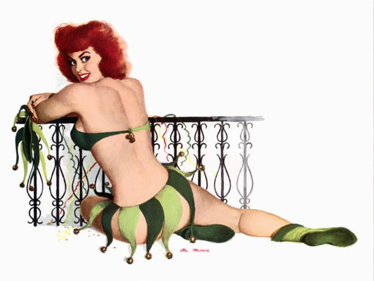Pin Up - Redhead posing on railing wearing a green jester outfit - Al Moore