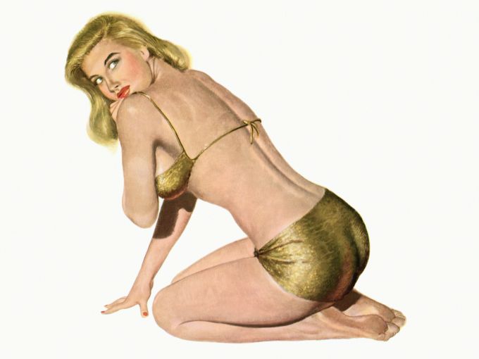 Pin Up - Beautiful blond woman posing in gold top and bottoms - Al Moore