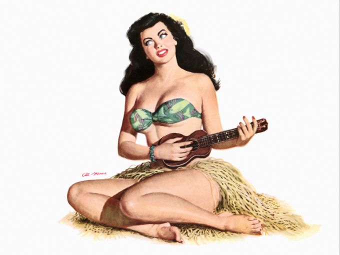 Pin Up - Beautiful black hair woman playing ukulele in straw dress outfit - Al Moore