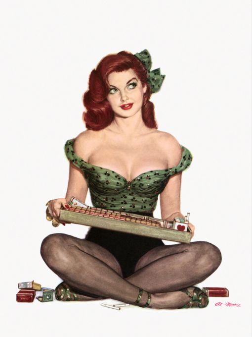 Pin Up - Redhead cigarette girl in green top and black bottoms - Al Moore