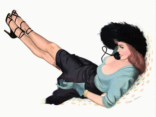 Pin Up - Beautiful woman in teal colored top and black skirt  talking on the phone - Al Moore