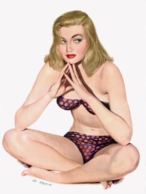 Pin Up - Blonde posing in black bikini with pink poke a dots - Al Moore