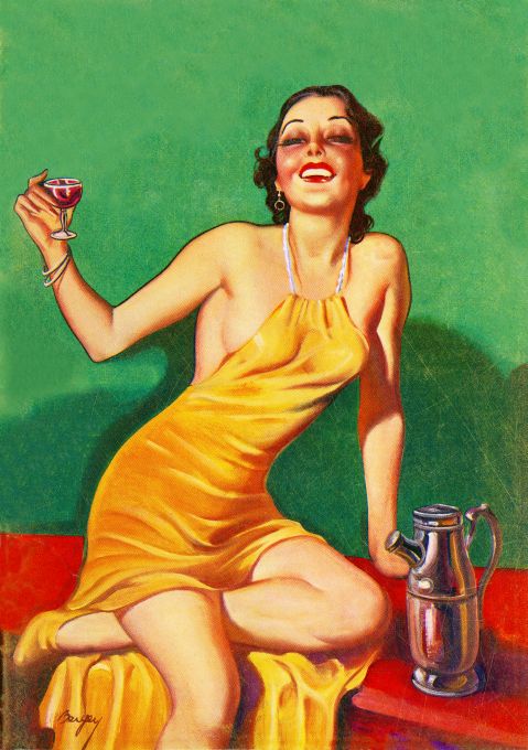 Pin Up - Brunette Girl in Yellow w/Glass - Bergey - 1934
