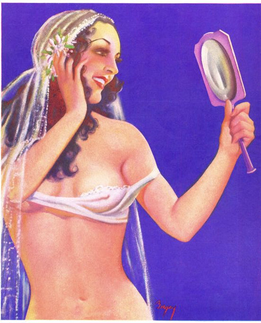 Pin Up - Brunette Girl in Bra w/Mirror - Bergey - 1934