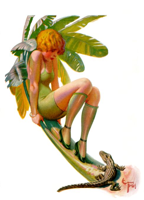 Pin Up - Redhead Girl Scared Of Baby Alligator - Bolles - 1934