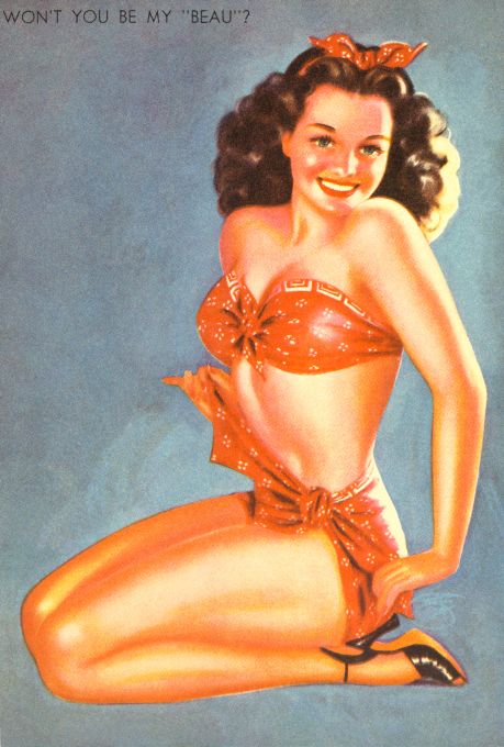 Pin Up - Sassy Brunette Girl in Orange - DeVores - 1951