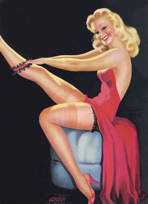 Pin Up - Blonde Showgirl in Red with Garters - DeVores - 1945
