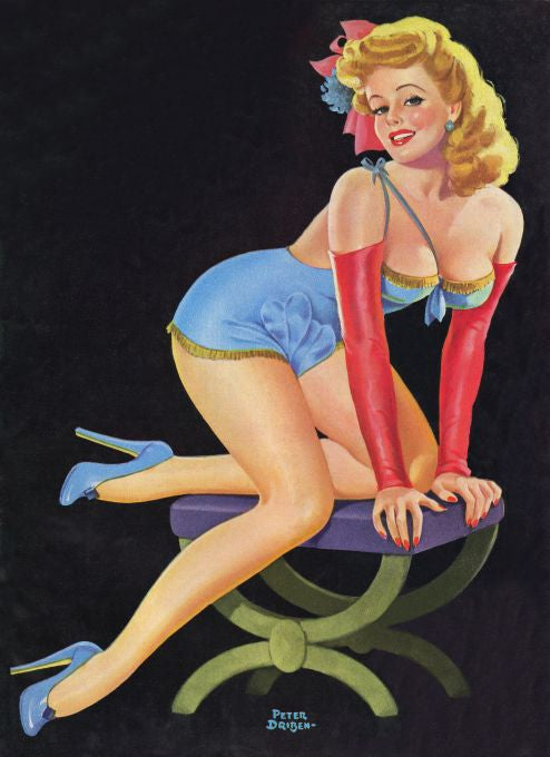 Pin Up - Blonde Showgirl Kneeling on Stool - Driben - 1946