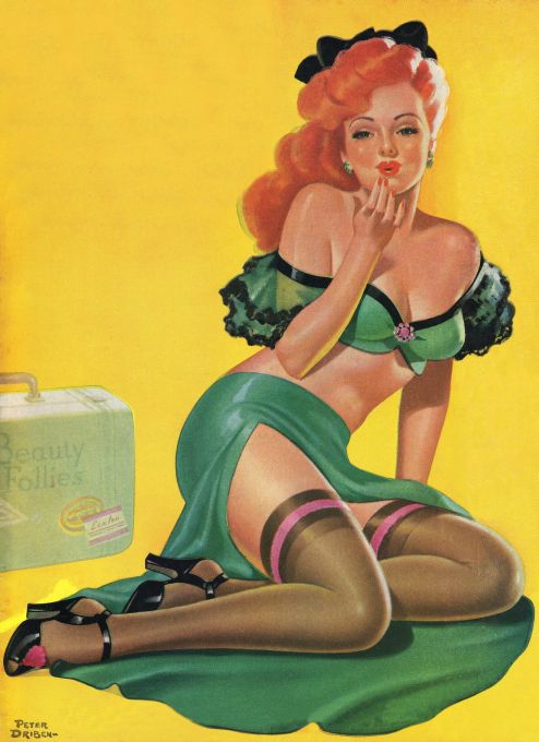Pin Up - Redhead Girl Green Skirt Top - Driben - 1946