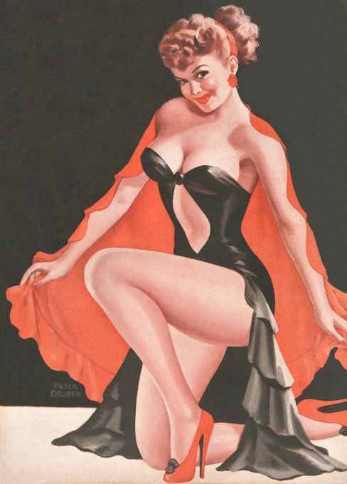 Pin Up - Redhead Showgirl in Black with Red Cape - Driben - 1948