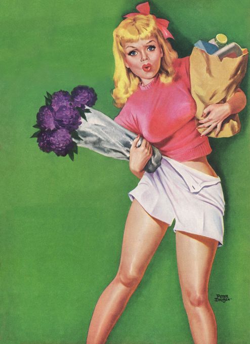 Pin Up - Redhead Girl Wrestles With Dog - Driben - 1950