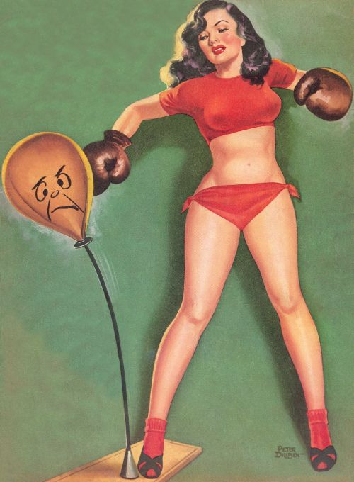 Pin Up - Brunette Boxer Girl in Red - Driben - 1951