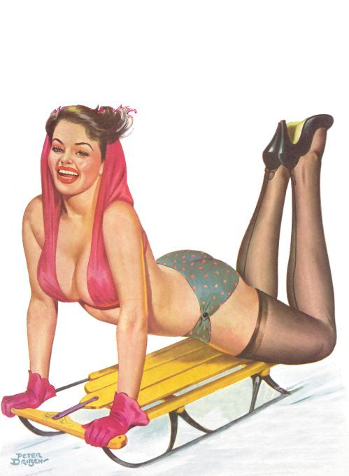 Pin Up - Brunette Girl in Bikini on Sleigh - Driben - 1953