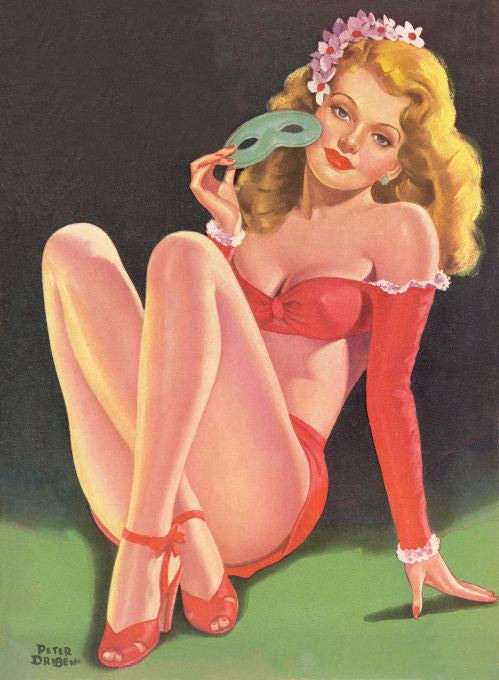 Pin Up - Blonde Showgirl in Red with Mask - Driben - 1955