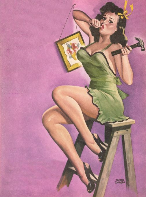 Pin Up - Brunette Girl Sucking Thumb with Hammer - Driben - 1950
