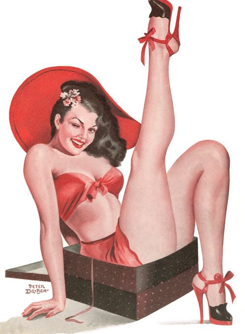 Pin Up - Brunette Girl in Box Wearing Red - Driben - 1954
