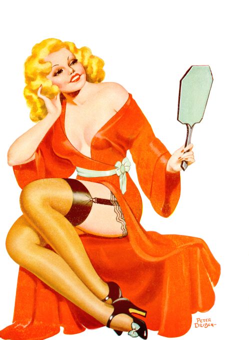 Pin Up - Blonde Girl in Red Robe With Mirror - Driben - 1937