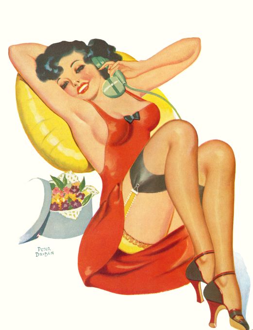 Pin Up - Brunette Girl in Red Dress On Phone - Driben - 1937