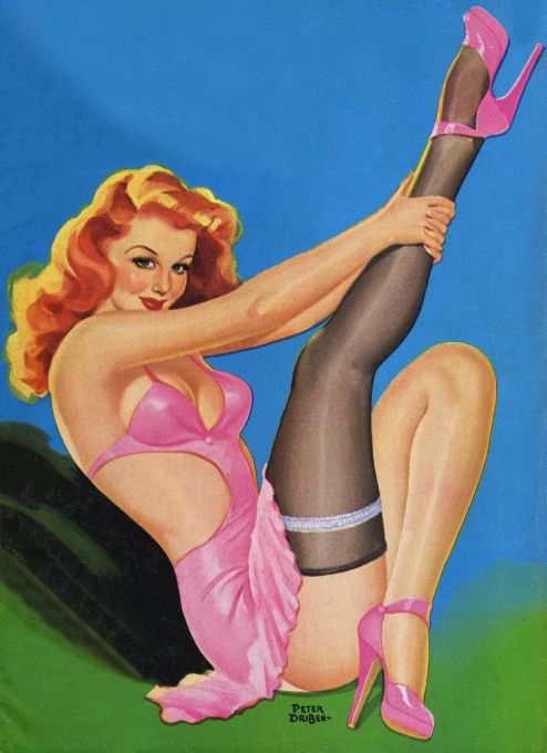 Pin Up - Redhead Girl in Sexy Pink Dress - Driben - 1946
