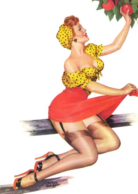 Pin Up - Redhead Girl Picking Apples - Driben - 1949