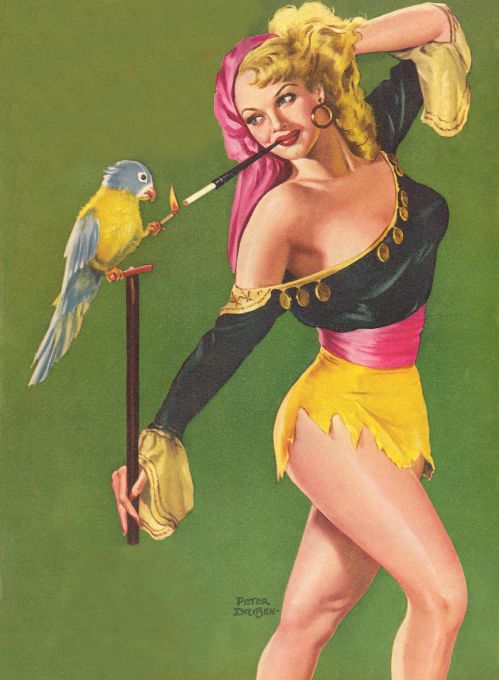 Pin Up - Blonde Showgirl Smoking With Parrot - Driben - 1950