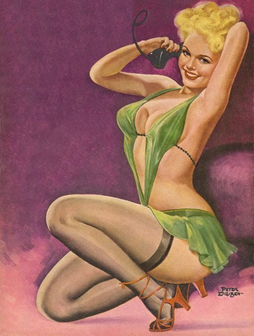 Pin Up - Blonde Girl in Skimpy Green On Phone - Driben - 1951